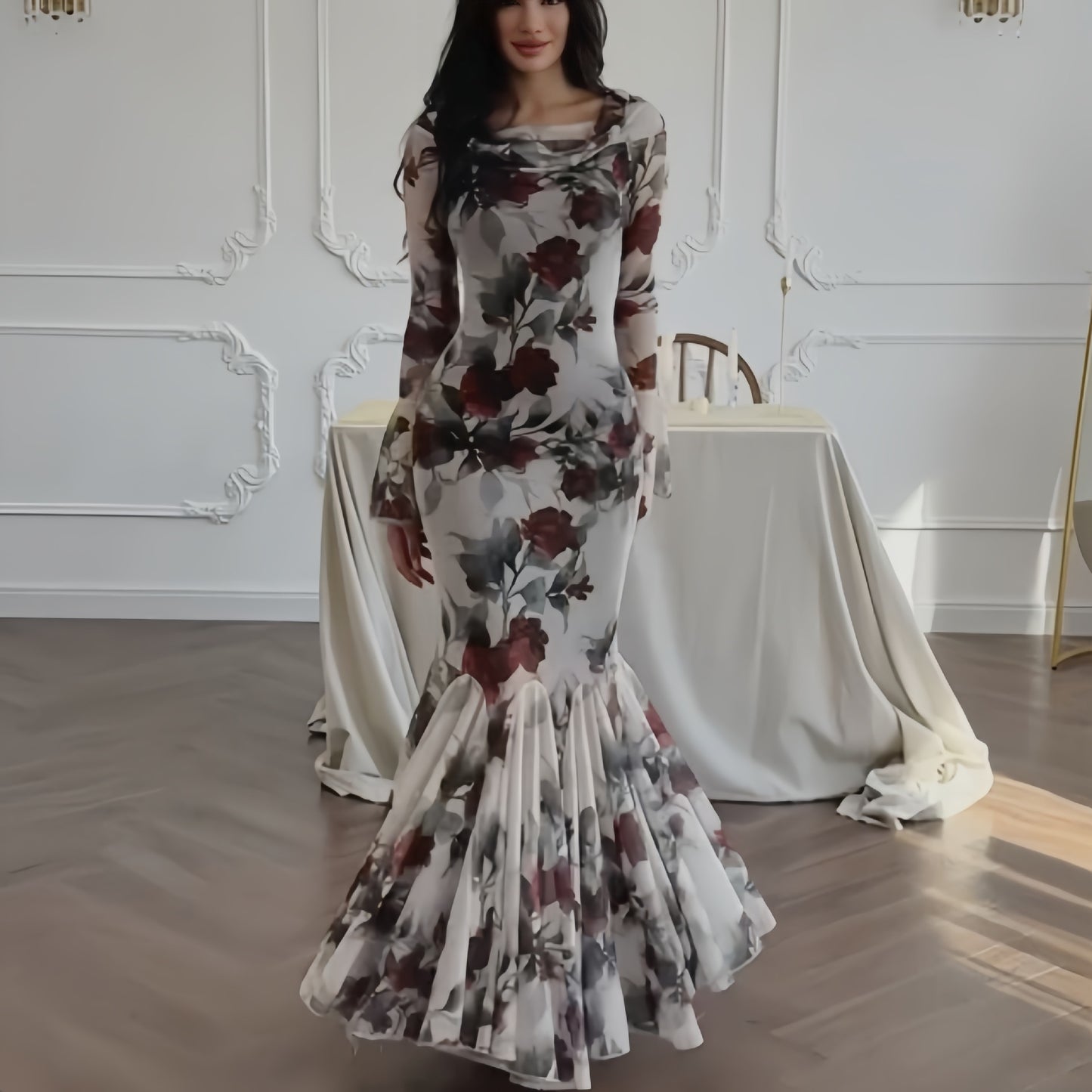 Vestido largo de manga larga con estampado floral francés romántico para mujer