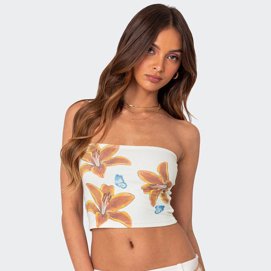 Ropa de mujer Top de tubo estampado recortado ajustado de verano