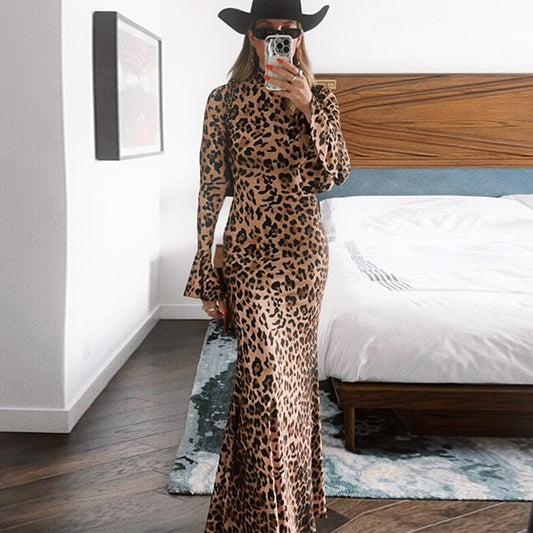 Winter Women Clothing Leopard Print Dress High Collar Long Sleeve Elegant Slim Fit Dress