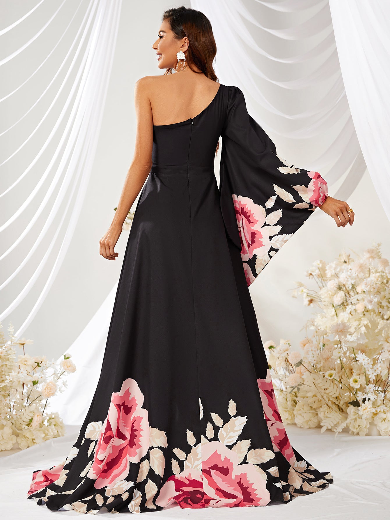 Chiffon Single Sleeve Maxi Dress Digital Printing Maxi Dress Split Large Swing Dress