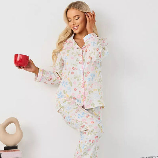 Pyjama en soie à manches longues pour femme, pantalon cardigan, deux pièces, décontracté, simple, sensation de glace, vêtements de maison