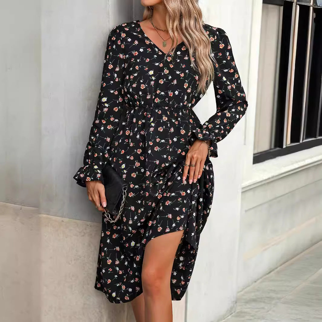 Robe à taille pivotante élégante à imprimé floral pour femme, vêtement pour femme, printemps-automne