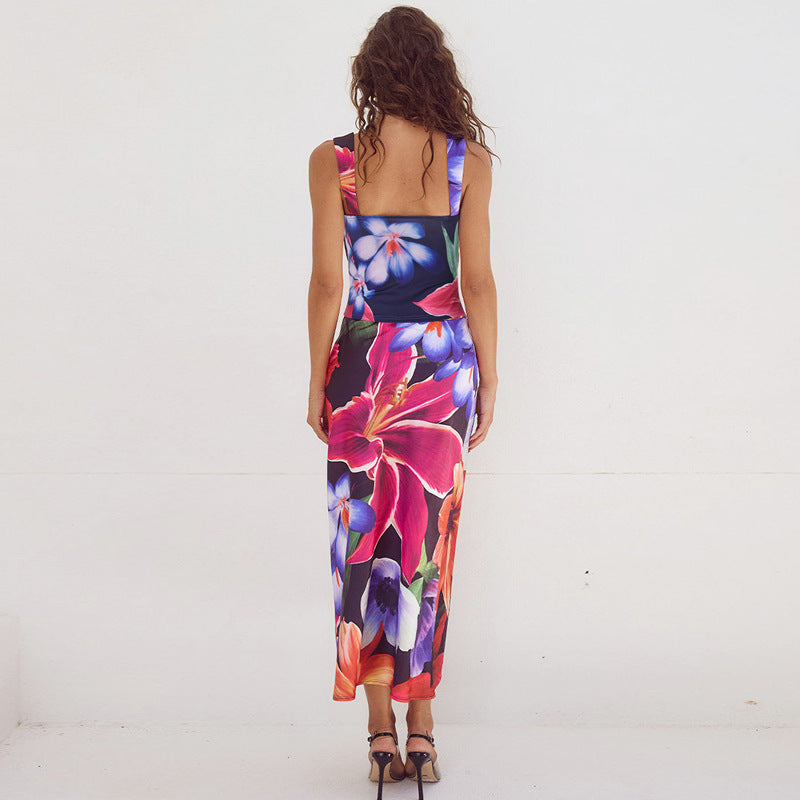 Summer Women Clothing Sleeveless Vest Slim Midi Dress Two Piece Set Printing Women