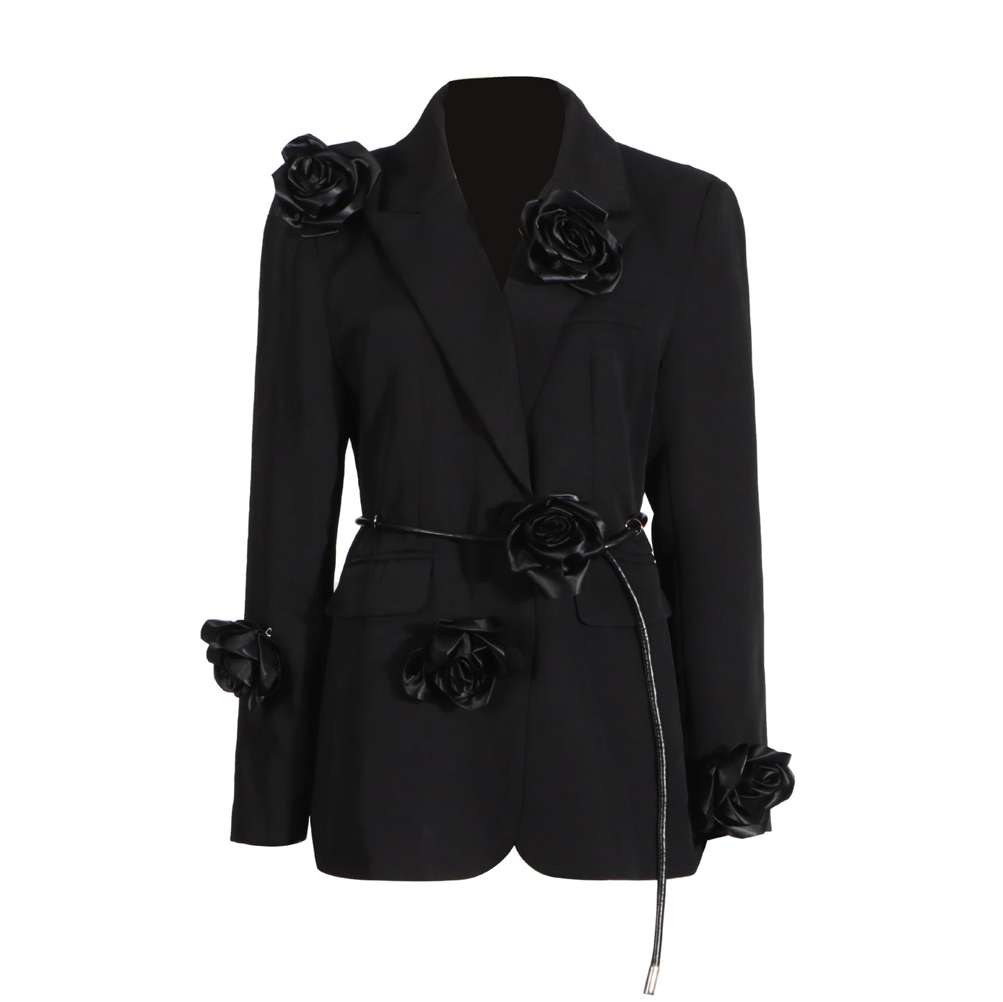 Blazer elegante de verano negro con estampado floral tridimensional y cordón de manga larga para mujer