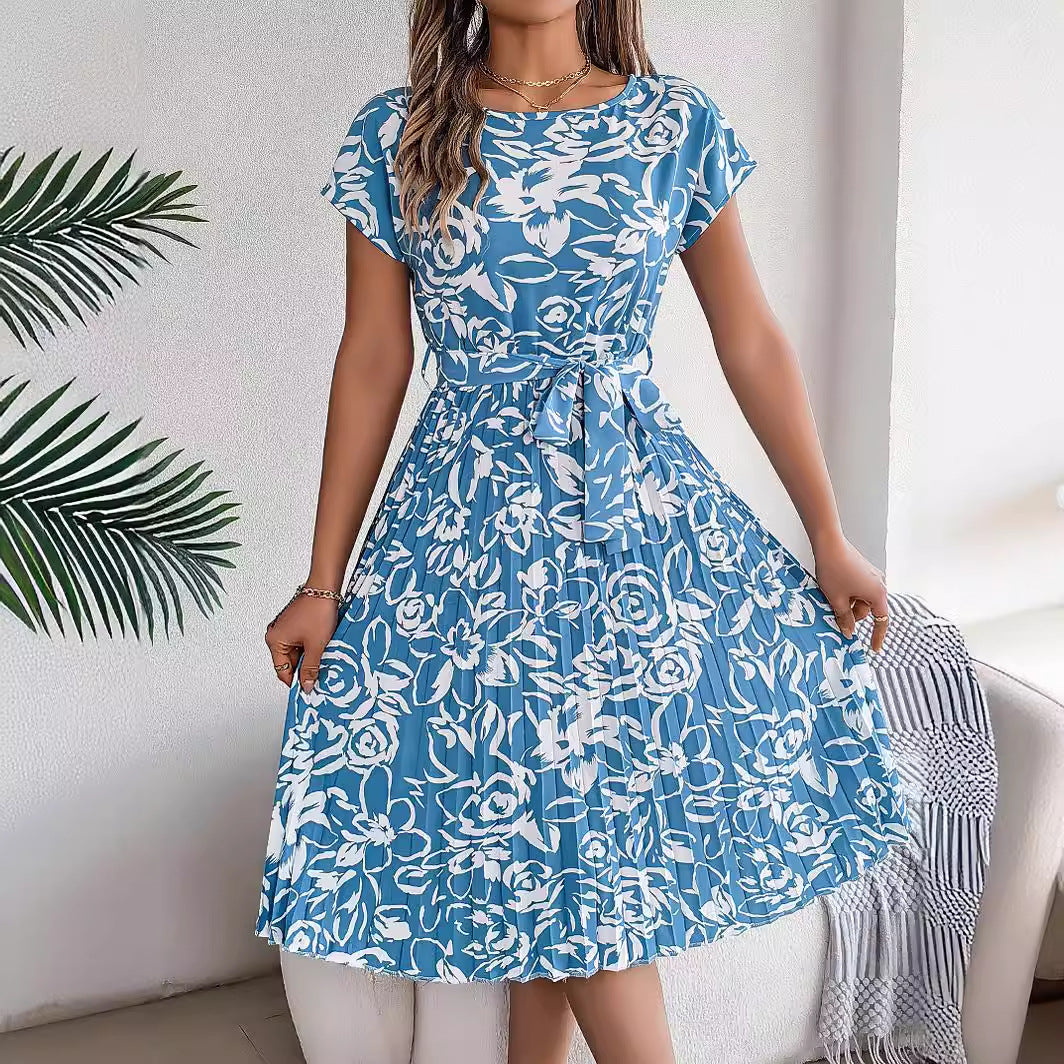 Primavera Verano elegante floral manga corta dobladillo grande vestido plisado ropa de mujer