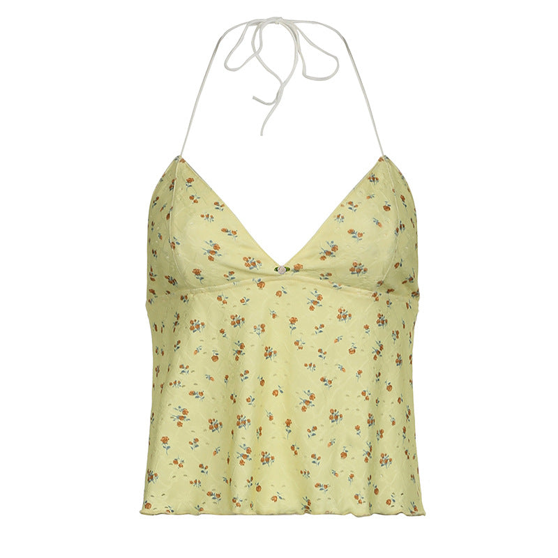 Vacation Fresh Floral Print Hollow Out Cutout Out Halter Tied V Neck Back Strap Sexy Sexy Backless Top