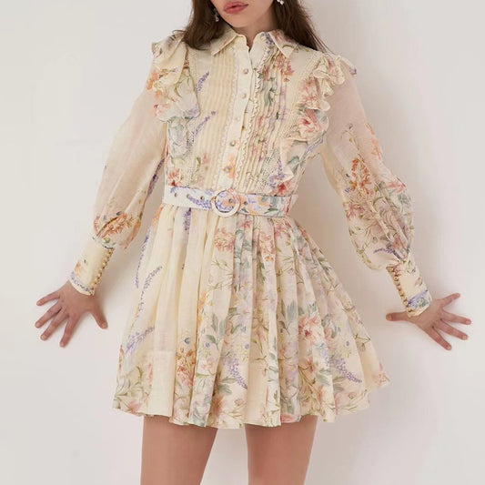 Robe plissée classique française élégante pour femmes, couture d'oreille en bois, petit motif Floral, robe courte pour femmes