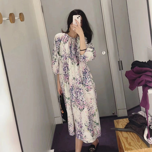 Casual Style Puff Sleeve Print Dress