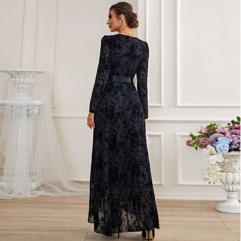 Autumn Winter Women Clothing Round Neck Long Sleeve High Waist Lace up Dark Printed Mesh Dress