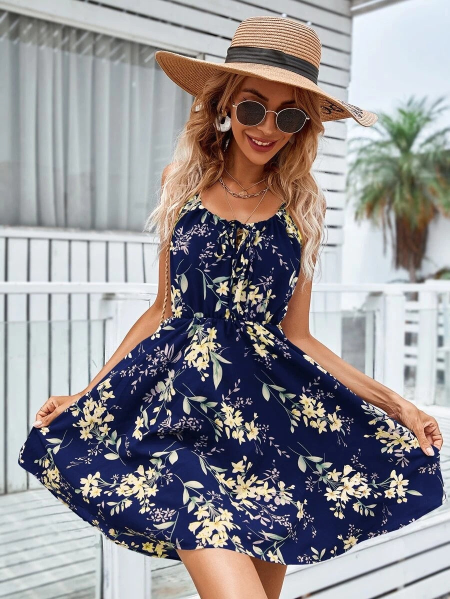 Summer Elegant Sleeveless Dress Pullover Print Elastic Waist Slip Dress Women