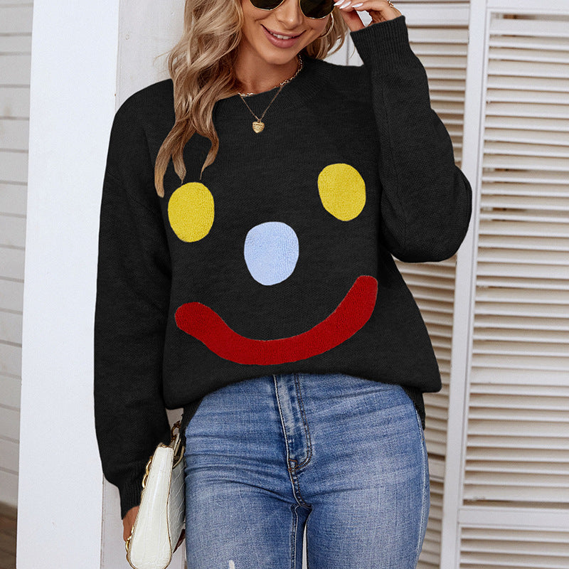 Cute Smiley Face Sweater Autumn Winter Pullover Round Neck Sweater Women Top