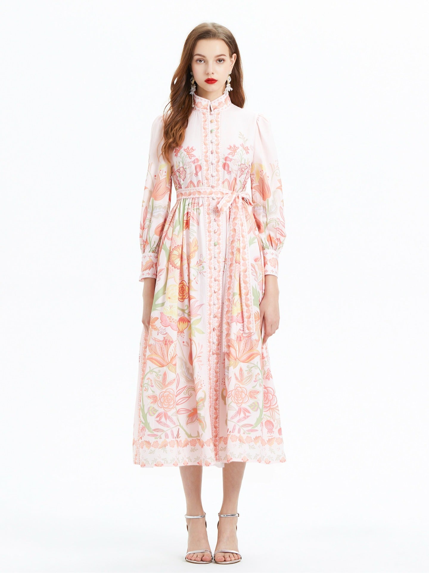 Lantern Sleeve Printed Long Sleeve Waist Trimming Ruffles Dress