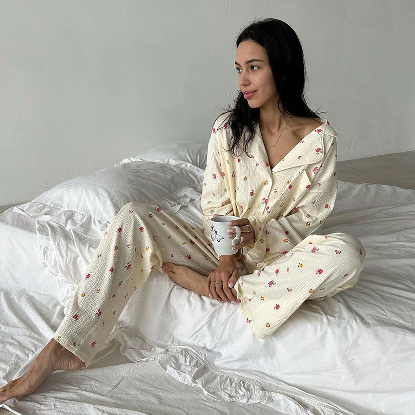 Pyjama deux pièces en tricot doux pour femme, pantalon à manches longues, imprimé, design sexy, printemps