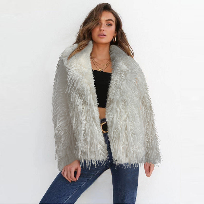 Short Solid Color Faux Fur Coat Women Autumn Winter Tassel Wool Coat