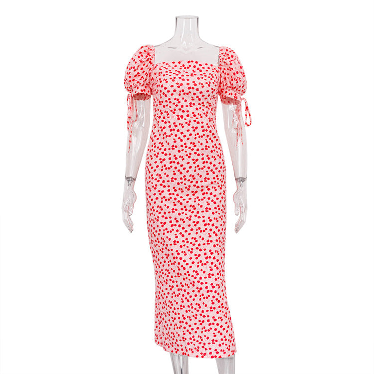 Robe longue à fleurs pour femmes, vêtements d'été, manches bouffantes, col rond, coupe cintrée, vêtements de vacances