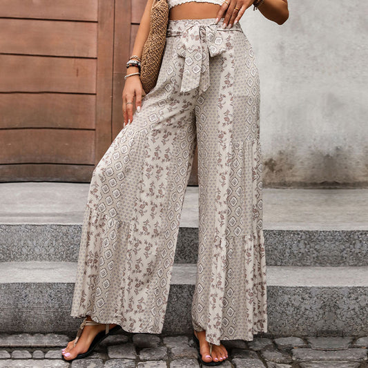 Summer High Waist Lace up Wide Leg Pants Smocking Stitching National Casual Wide Leg Trousers