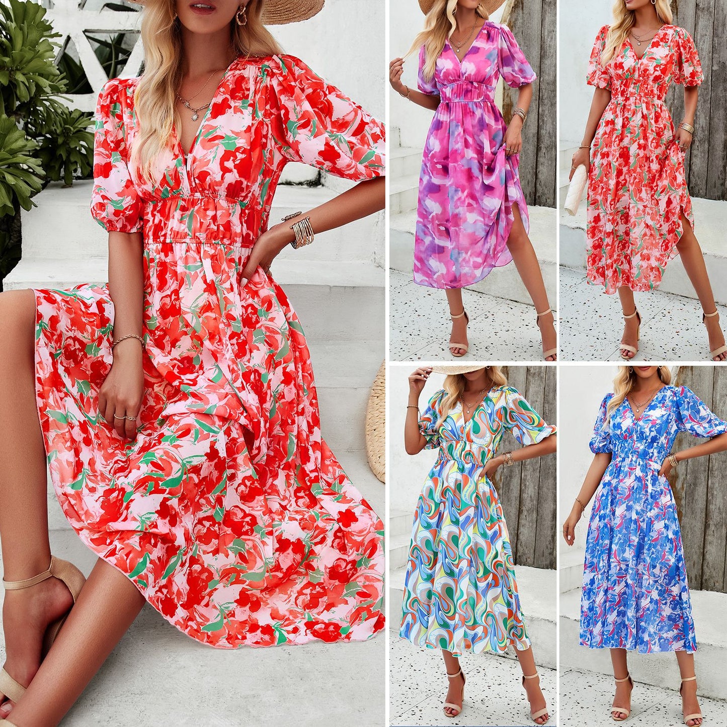 Women's Clothing Holiday Floral Print Waist-tight V-neck Dress