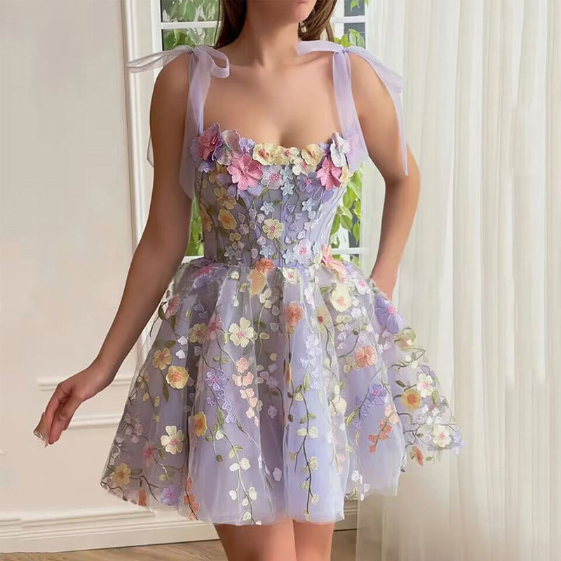 Robe fourreau brodée florale tridimensionnelle pour femmes, robe camisole sexy en Organza