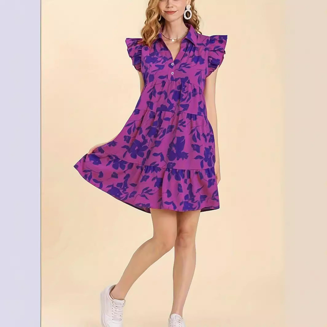 Robe à fleurs magenta à volants et col en V pour femmes