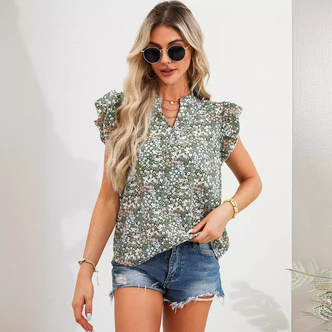 Early Autumn Women Shirt Ruffled Fresh Sweet Floral Short Sleeve Top