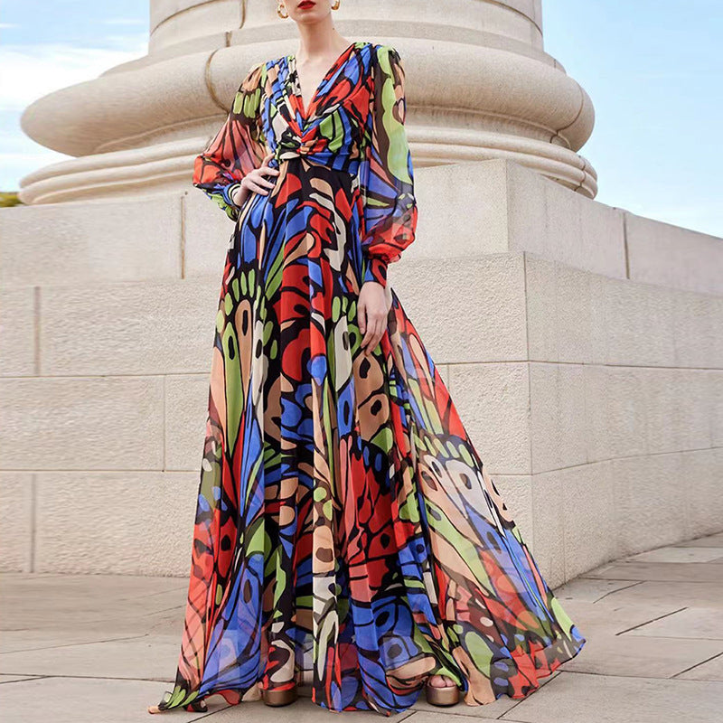 Vestido largo de gasa con diseño de nicho y cuello en V estampado para mujer