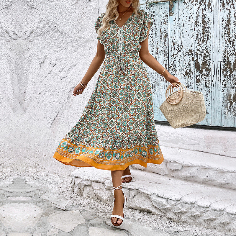 Summer Women Ruffled Printed Dress Long Dress