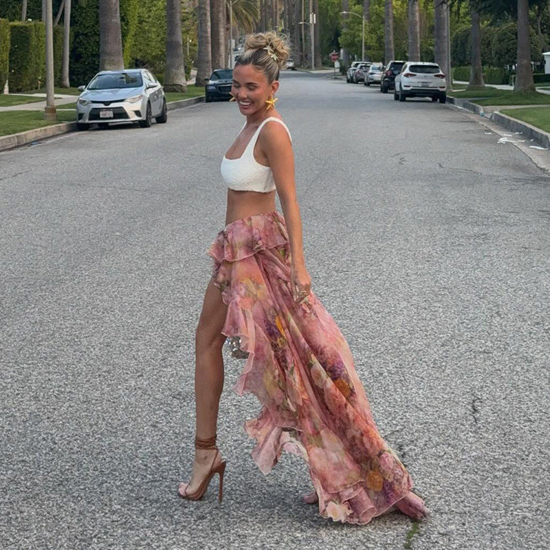 Vestido de vacaciones de verano con estampado floral, doble capa, irregular, asimétrico, falda con volantes