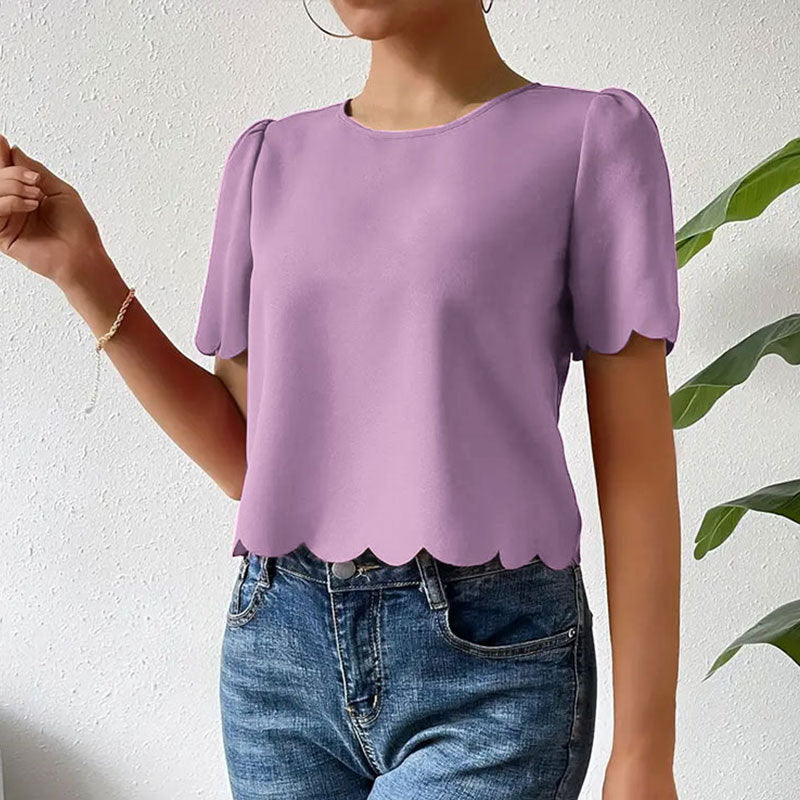 Solid Color Burnt Floral Scalloped Crop Top Short Top Women Round Neck Short Sleeve Shirt T shirt Women Summer