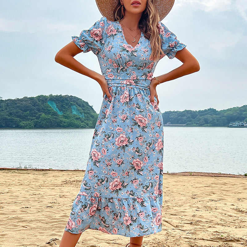 Blue Dress Slimming Summer Seaside Holiday Women Clothing