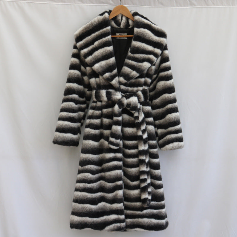 Women Fur Coat Mink Fur Long Cut Coat Winter Warm Large Collared Zebra Prints Belt Trench Coat