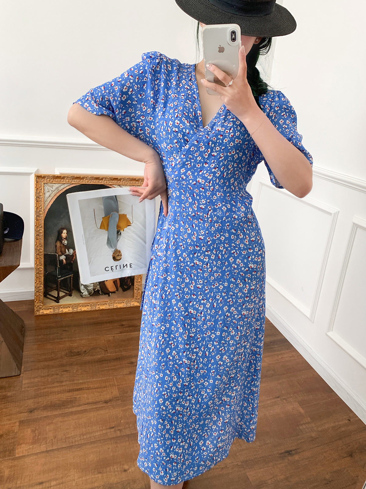 Robe longue portefeuille à lacets, tenue de thé française, jupe florale, bleu clair, Style rétro