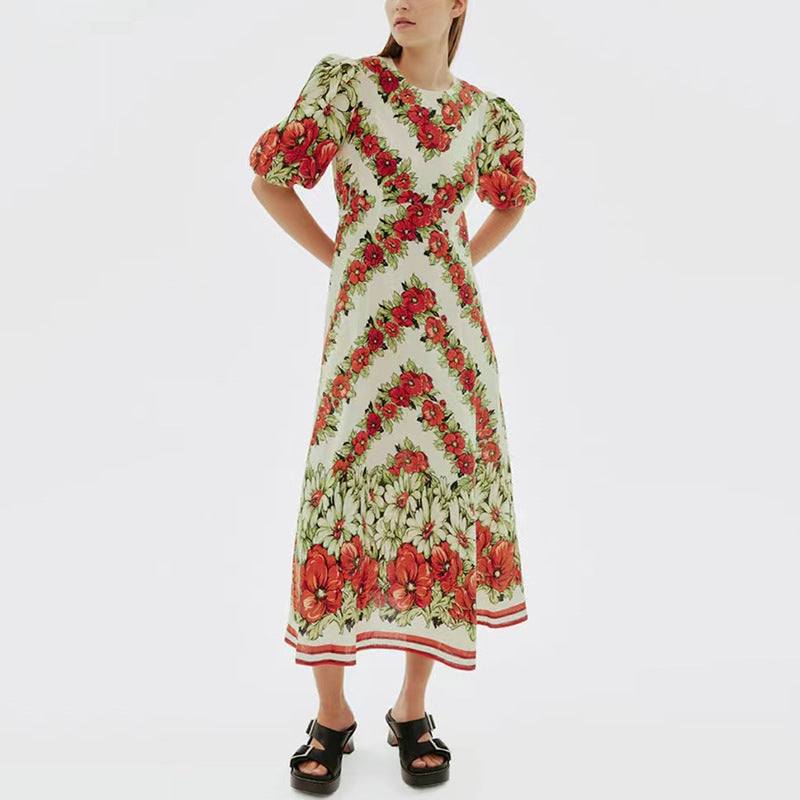 Vestido de corte Retro con diseño estampado, elegante vestido Maxi adelgazante de cintura alta con mangas abullonadas para mujer