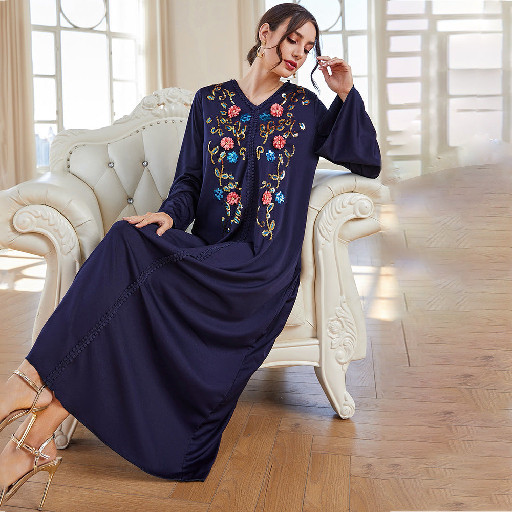 Autumn Blue Robe Dress Abaya V neck Embroidery Dress Robe