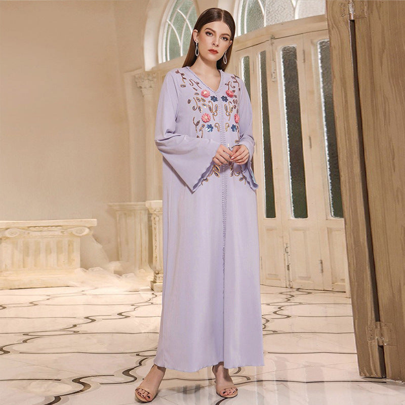 Autumn Blue Robe Dress Abaya V neck Embroidery Dress Robe