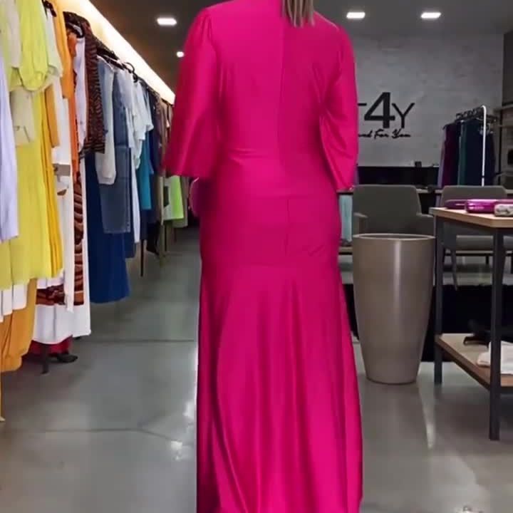 Vestido suelto de color sólido plisado con cuello en V de moda europea y americana