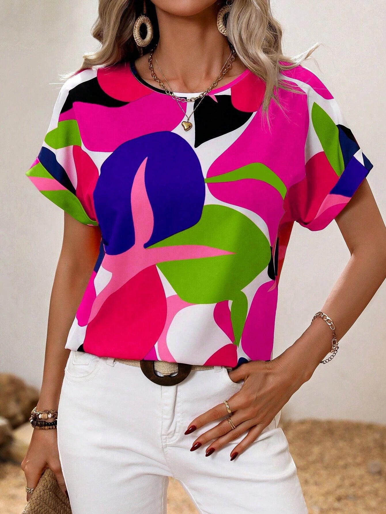 Ropa de mujer Blusa de manga corta con cuello en U multicolor estampada de verano para mujer