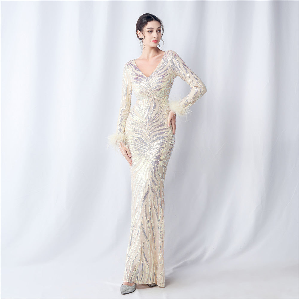 Craft Order Ostrich Feather Positioning Floral Cut Long Sleeve Sequin Evening Dress