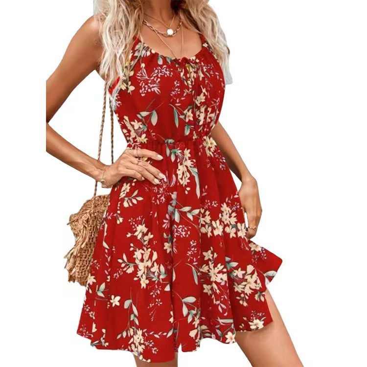 Summer Elegant Sleeveless Dress Pullover Print Elastic Waist Slip Dress Women