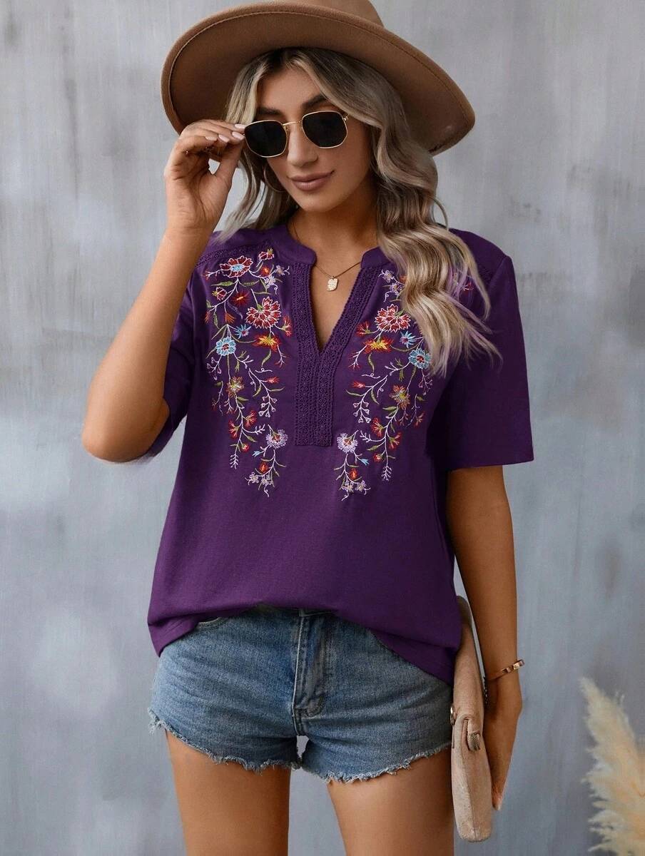 Summer Ten Thousand Needles Embroidery Stitching Lace Lace Collared Blouse Women