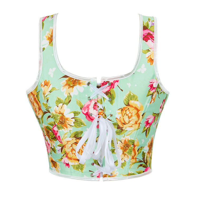 Green Floral Pattern Double Shoulder Strap Adjustable Women Tube Top Chest Support Court Body Shaping Top