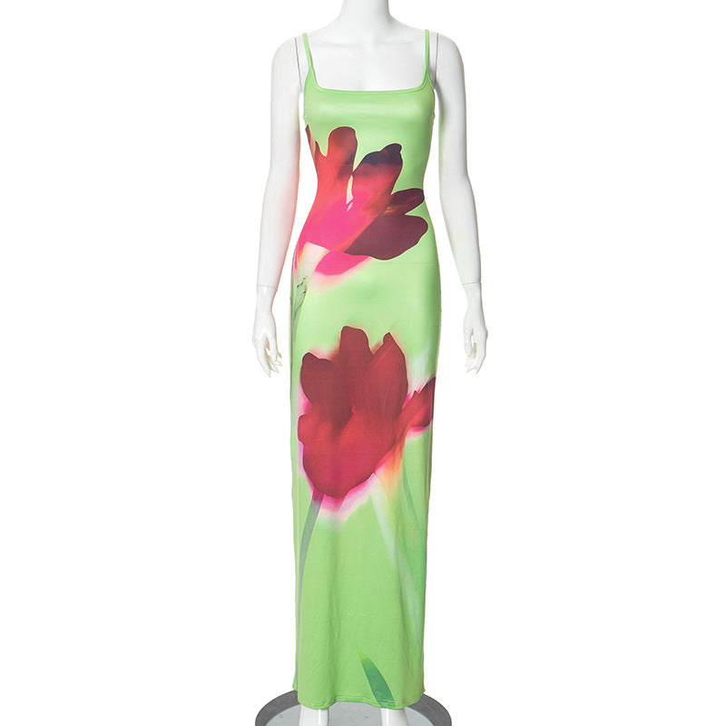 Ropa de mujer Vestido largo de cintura alta delgado con estampado floral y correa informal fresca de verano