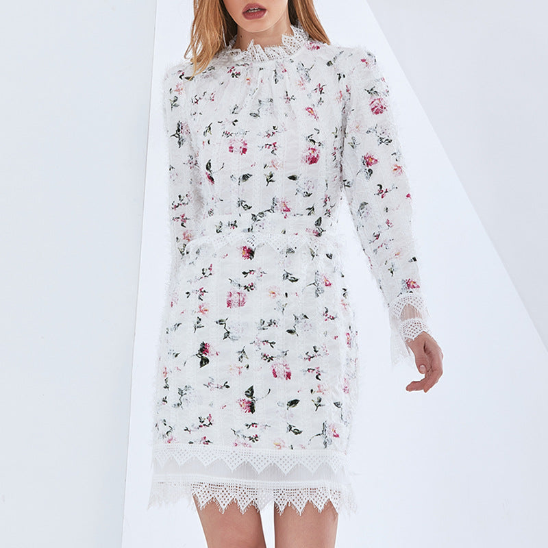 Otoño Invierno chica francesa suave dulce elegante Floral encaje cuello manga larga Vestido corto