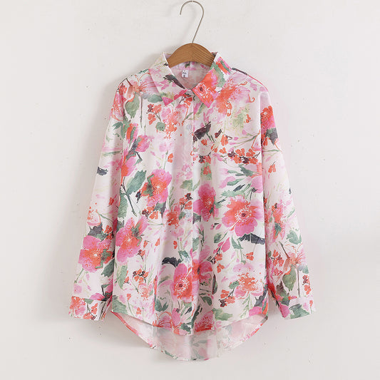 Chemise ample à manches longues et col imprimé floral pour femme