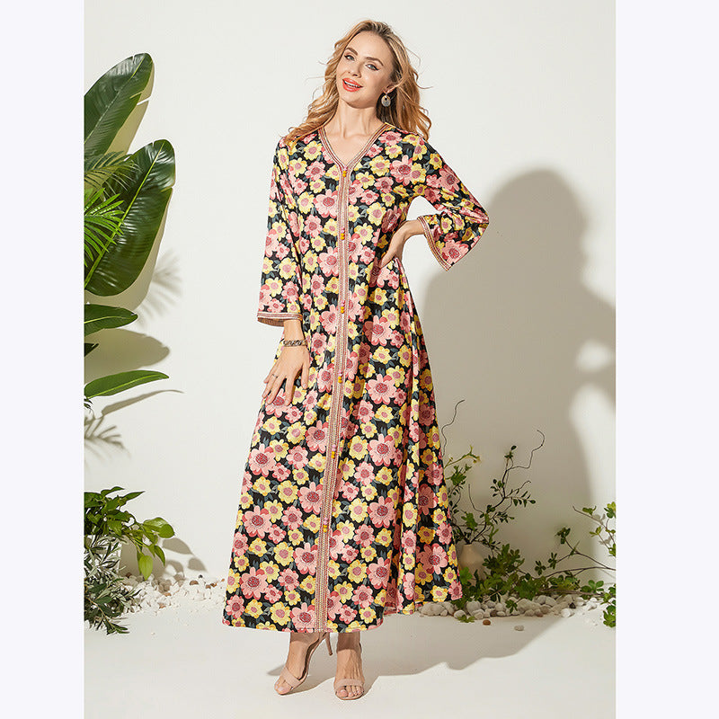 Robe longue de tempérament ample imprimée à col en V