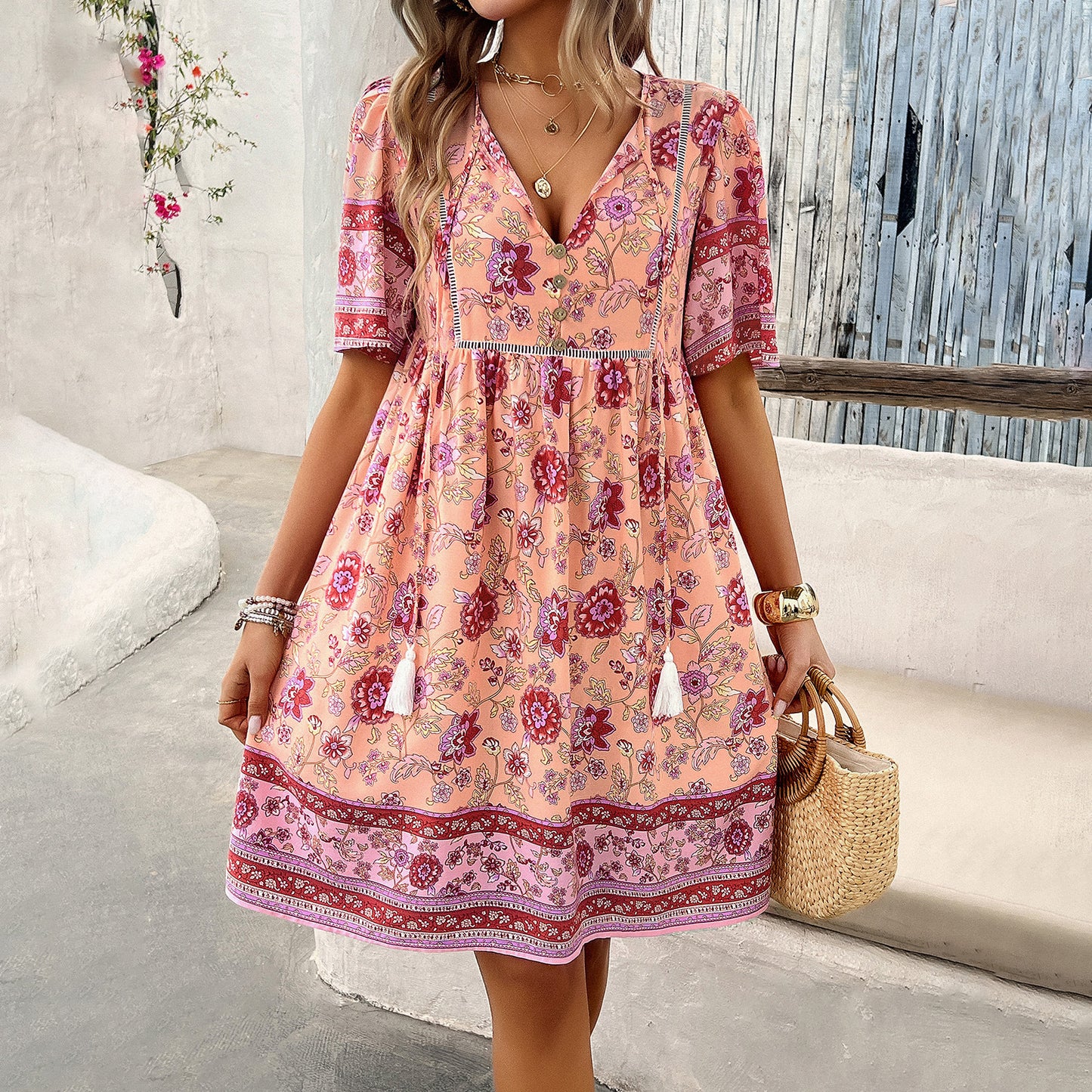 Casual Holiday Floral Print Short Sleeve Dress