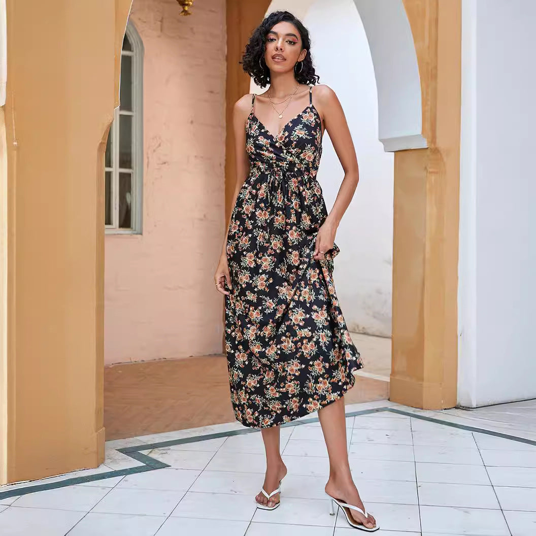 Vestido de verano con estampado de cintura controlada y tirantes de longitud media para mujer