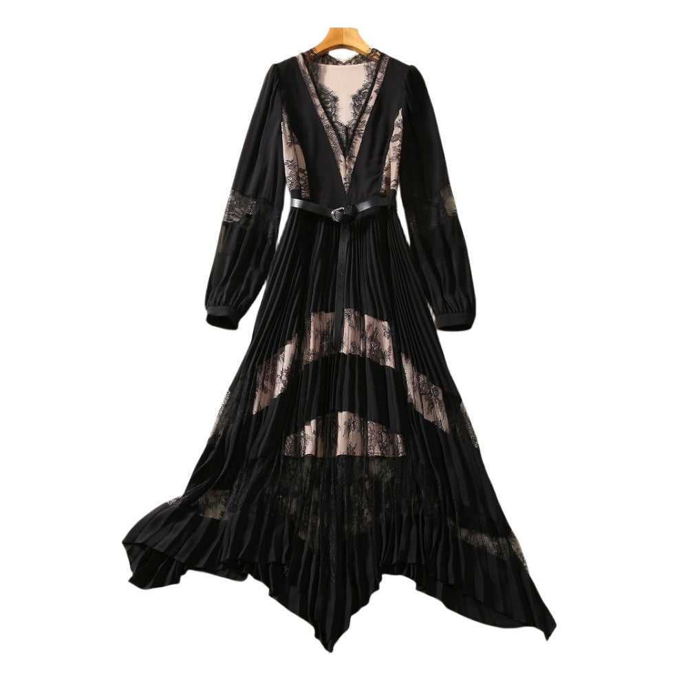 V-neck Long Sleeve Hemp Slimming Patchwork Dress