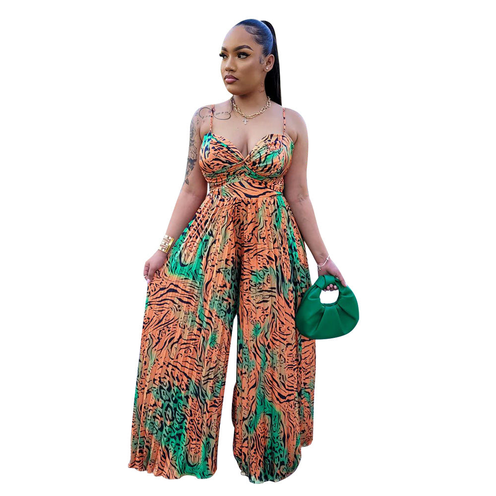 Women Wear Floral Print Sling Pleated Jumpsuit