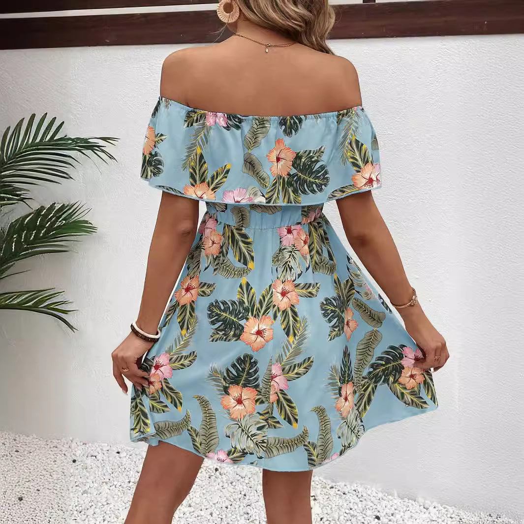 Summer Elegant Ladies Printed off the Shoulder Collar Ruffled Dress