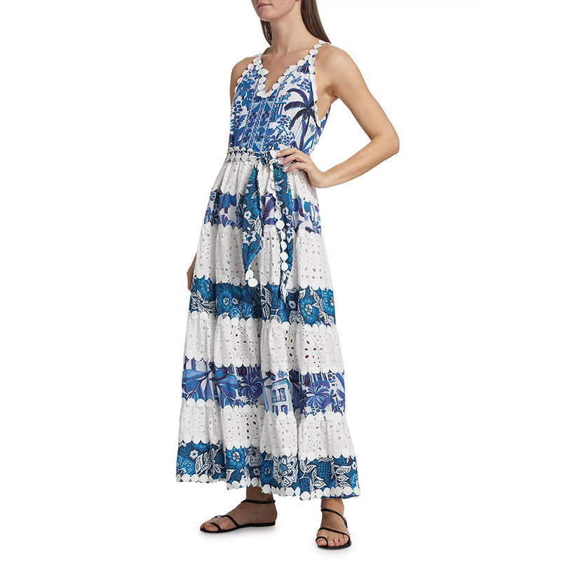 Vacation V neck Printed Design Cami Dress Summer Lace up Waist Controlled Slimming Maxi Dress Women